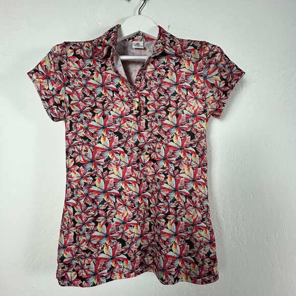 Daily Sports Womens Floral Print Short Sleeve Polo Shirt Medium Stretch Red - Picture 1 of 8